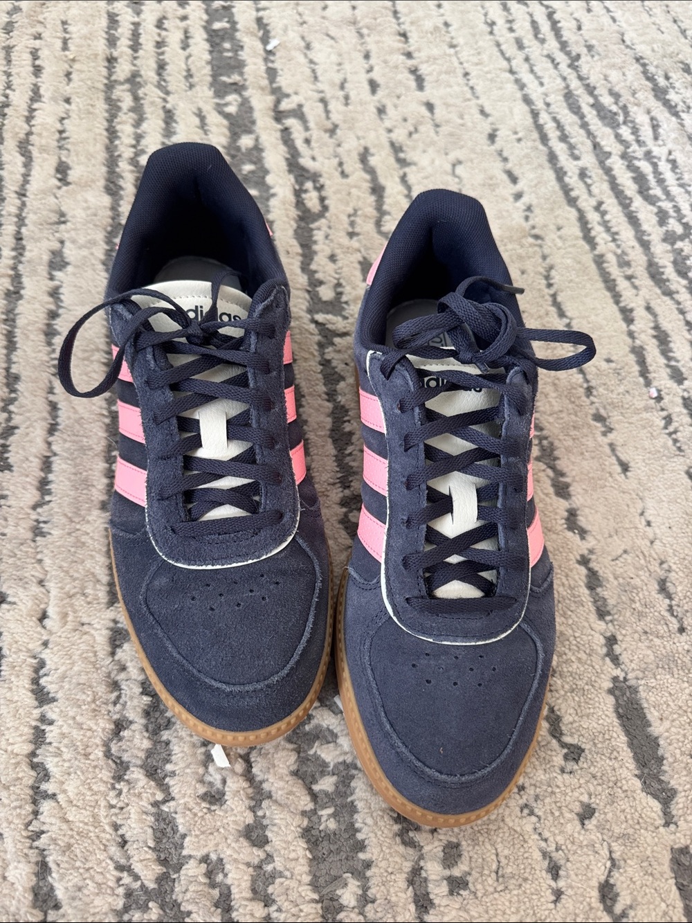 adidas Navy Suede Sneakers with Pink Stripes and Gum Sole